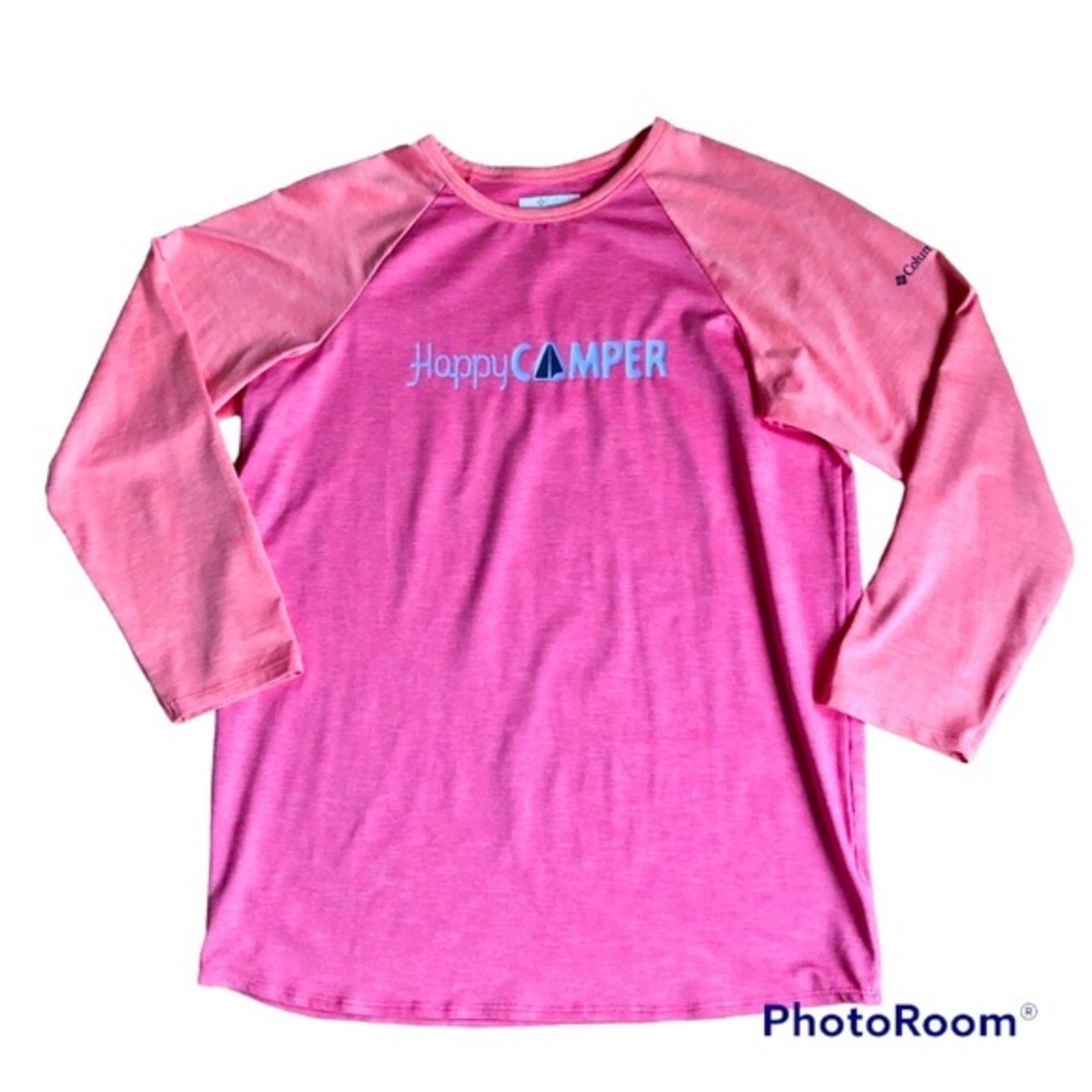NEW COLUMBIA Outdoor Elements 3/4 Sleeve Shirt Happy Camper XL Pink Girl’s NWOT
